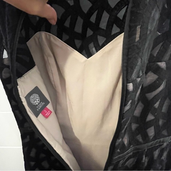 Vince Camuto Black Patterned Midi Dress Leather Stripes Lined Size 2 Whimsigoth - Picture 15 of 16